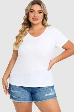 Plus Size White Short Sleeve Basic V-Neck Top -Maraluxe Swimwear Shop c topbc025003 3