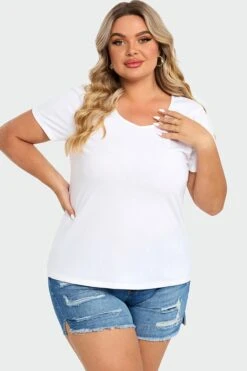 Plus Size White Short Sleeve Basic V-Neck Top -Maraluxe Swimwear Shop c topbc025003 4