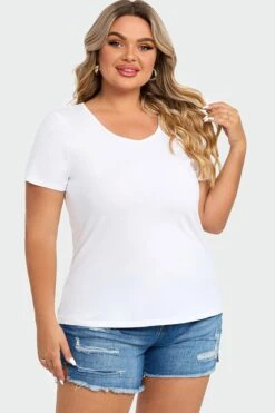 Plus Size White Short Sleeve Basic V-Neck Top -Maraluxe Swimwear Shop c topbc025003 5