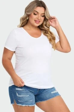Plus Size White Short Sleeve Basic V-Neck Top -Maraluxe Swimwear Shop c topbc025003 6