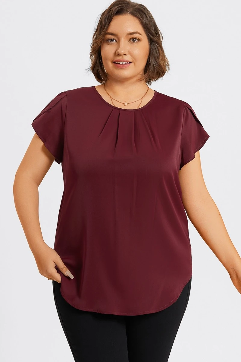 Plus Size Burgundy Round Neck Cap Sleeve Blouse 3 Plus Size Burgundy Round Neck Cap Sleeve Blouse