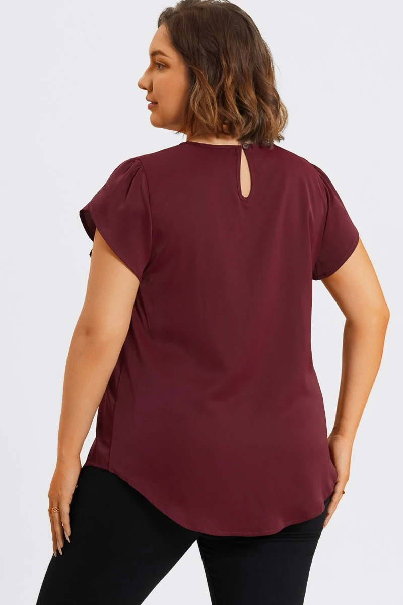 Plus Size Burgundy Round Neck Cap Sleeve Blouse 4 Plus Size Burgundy Round Neck Cap Sleeve Blouse - Image 2