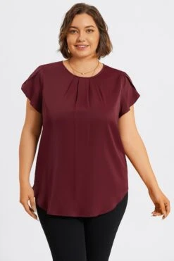 Plus Size Burgundy Round Neck Cap Sleeve Blouse 10 Plus Size Burgundy Round Neck Cap Sleeve Blouse -Maraluxe Swimwear Shop c topbc026001 3