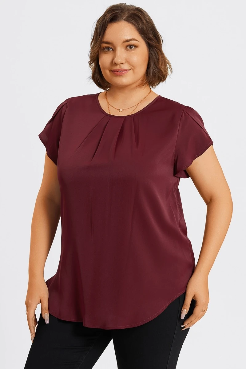 Plus Size Burgundy Round Neck Cap Sleeve Blouse 7 Plus Size Burgundy Round Neck Cap Sleeve Blouse - Image 5