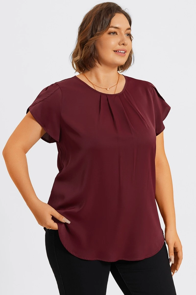 Plus Size Burgundy Round Neck Cap Sleeve Blouse 8 Plus Size Burgundy Round Neck Cap Sleeve Blouse - Image 6