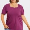 Plus Size Purple Square Neck Puff Sleeve Tops -Maraluxe Swimwear Shop c topbc027001 1