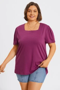 Plus Size Purple Square Neck Puff Sleeve Tops 10 Plus Size Purple Square Neck Puff Sleeve Tops -Maraluxe Swimwear Shop c topbc027001 3