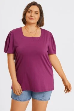 Plus Size Purple Square Neck Puff Sleeve Tops 11 Plus Size Purple Square Neck Puff Sleeve Tops -Maraluxe Swimwear Shop c topbc027001 4