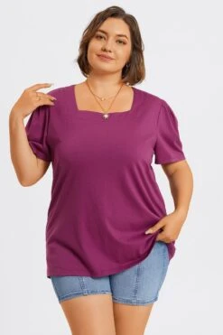 Plus Size Purple Square Neck Puff Sleeve Tops 12 Plus Size Purple Square Neck Puff Sleeve Tops -Maraluxe Swimwear Shop c topbc027001 5