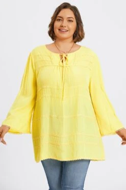 Plus Size Yellow Tie Neck Long Sleeve Blouse -Maraluxe Swimwear Shop c topbc028001 3