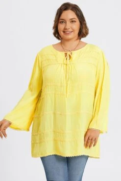 Plus Size Yellow Tie Neck Long Sleeve Blouse -Maraluxe Swimwear Shop c topbc028001 4