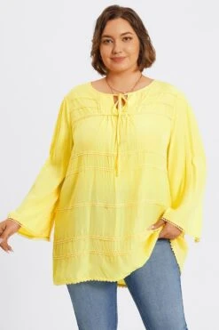 Plus Size Yellow Tie Neck Long Sleeve Blouse -Maraluxe Swimwear Shop c topbc028001 5