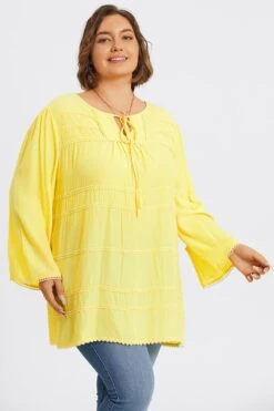 Plus Size Yellow Tie Neck Long Sleeve Blouse -Maraluxe Swimwear Shop c topbc028001 6
