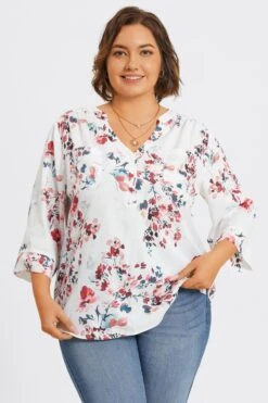 V-Neck Floral Print Pullover 3/4 Sleeve Blouse -Maraluxe Swimwear Shop c topbc029001 3