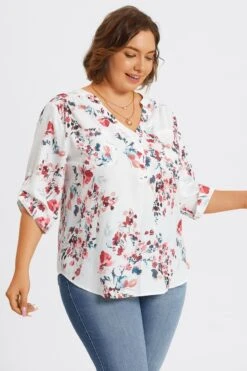 V-Neck Floral Print Pullover 3/4 Sleeve Blouse -Maraluxe Swimwear Shop c topbc029001 4