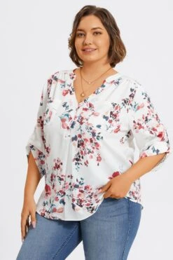 V-Neck Floral Print Pullover 3/4 Sleeve Blouse -Maraluxe Swimwear Shop c topbc029001 5
