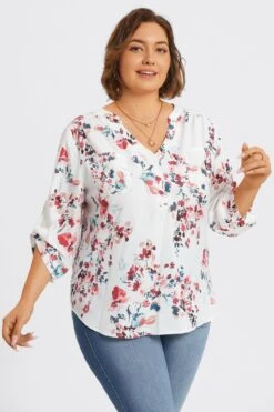 V-Neck Floral Print Pullover 3/4 Sleeve Blouse -Maraluxe Swimwear Shop c topbc029001 6