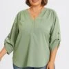 Grey Green V-Neck Pullover 3/4 Sleeve Blouse -Maraluxe Swimwear Shop c topbc029002 1