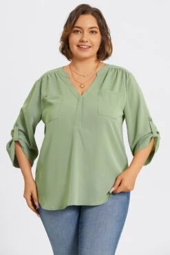 Grey Green V-Neck Pullover 3/4 Sleeve Blouse -Maraluxe Swimwear Shop c topbc029002 3