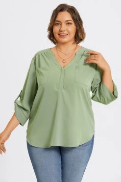 Grey Green V-Neck Pullover 3/4 Sleeve Blouse -Maraluxe Swimwear Shop c topbc029002 5