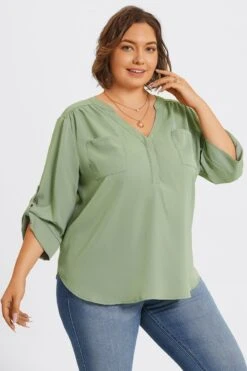 Grey Green V-Neck Pullover 3/4 Sleeve Blouse -Maraluxe Swimwear Shop c topbc029002 6