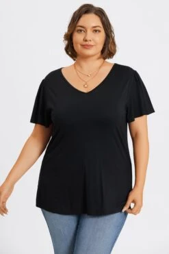 Plus Size Black V-Neck Flutter Sleeve Tee -Maraluxe Swimwear Shop c topbc031001 3