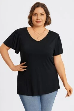 Plus Size Black V-Neck Flutter Sleeve Tee -Maraluxe Swimwear Shop c topbc031001 4
