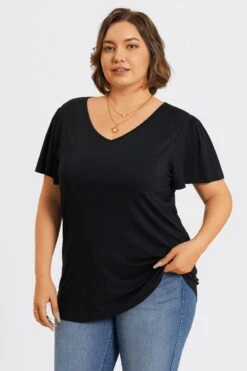 Plus Size Black V-Neck Flutter Sleeve Tee -Maraluxe Swimwear Shop c topbc031001 5