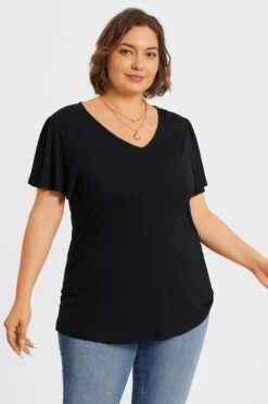 Plus Size Black V-Neck Flutter Sleeve Tee -Maraluxe Swimwear Shop c topbc031001 6