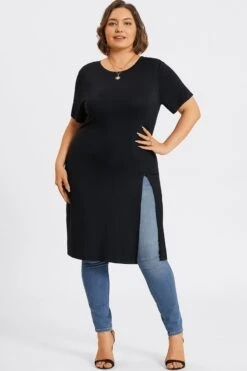 Black Crew Neck Split Front Long Tunic
