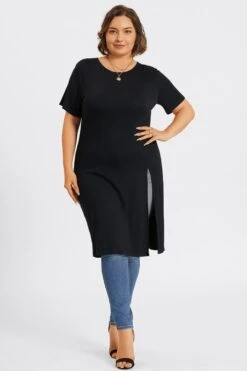 Black Crew Neck Split Front Long Tunic -Maraluxe Swimwear Shop c topbc032001 3