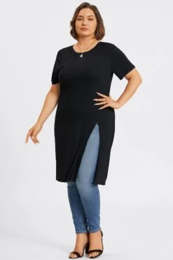 Black Crew Neck Split Front Long Tunic -Maraluxe Swimwear Shop c topbc032001 5