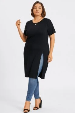Black Crew Neck Split Front Long Tunic -Maraluxe Swimwear Shop c topbc032001 6