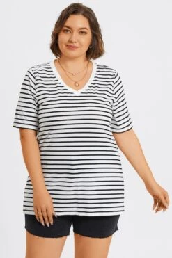 Stripe V-Neck Half Sleeve Side Slit Long Tee -Maraluxe Swimwear Shop c topbc033001 3