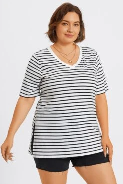 Stripe V-Neck Half Sleeve Side Slit Long Tee -Maraluxe Swimwear Shop c topbc033001 6