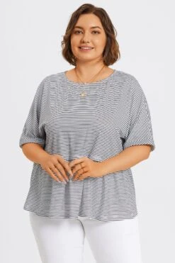 Black ＆ White Stripe Paneled Ruffled Hem Top -Maraluxe Swimwear Shop c topbc036001 5