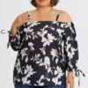 Floral Print Ruffle Knotted Sleeve Cold Shoulder Blouse -Maraluxe Swimwear Shop c topbc038001 1