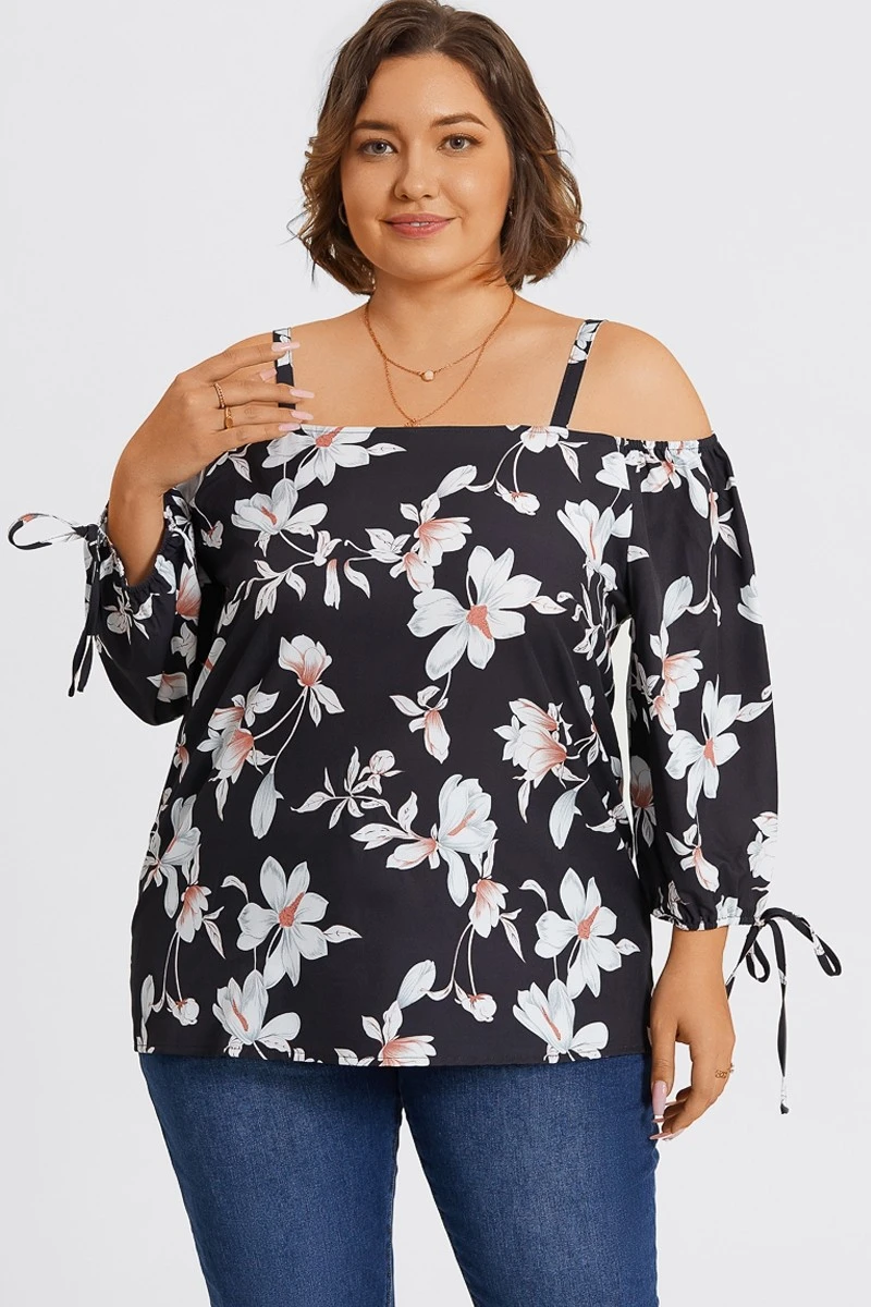 Floral Print Ruffle Knotted Sleeve Cold Shoulder Blouse 3 Floral Print Ruffle Knotted Sleeve Cold Shoulder Blouse