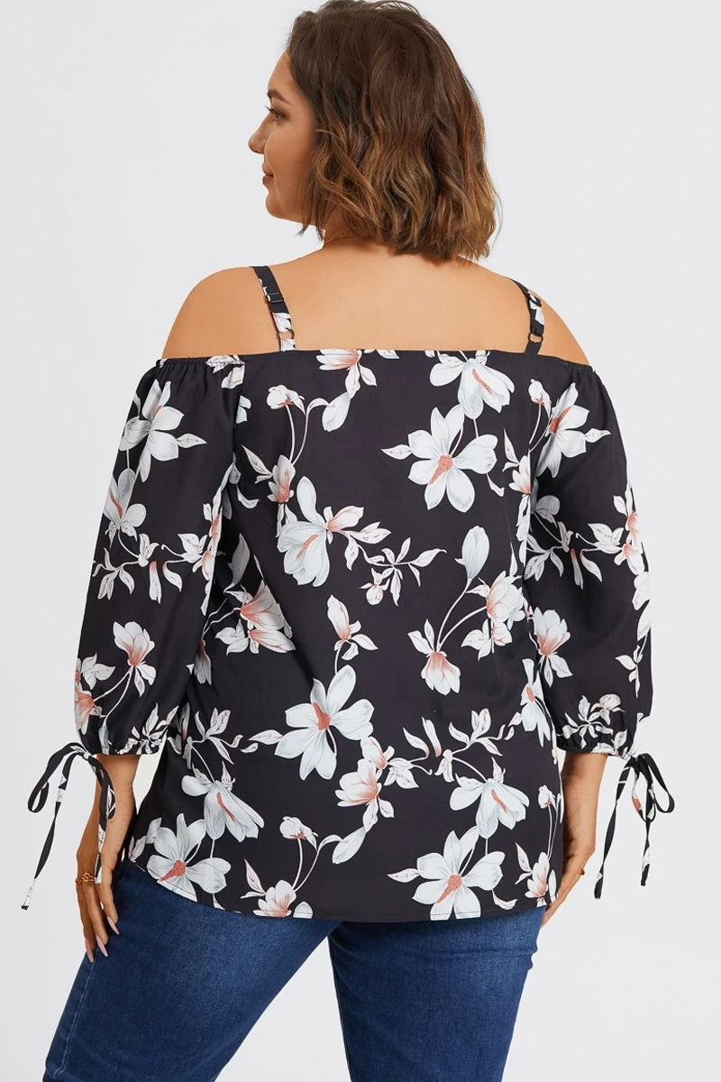 Floral Print Ruffle Knotted Sleeve Cold Shoulder Blouse 4 Floral Print Ruffle Knotted Sleeve Cold Shoulder Blouse - Image 2