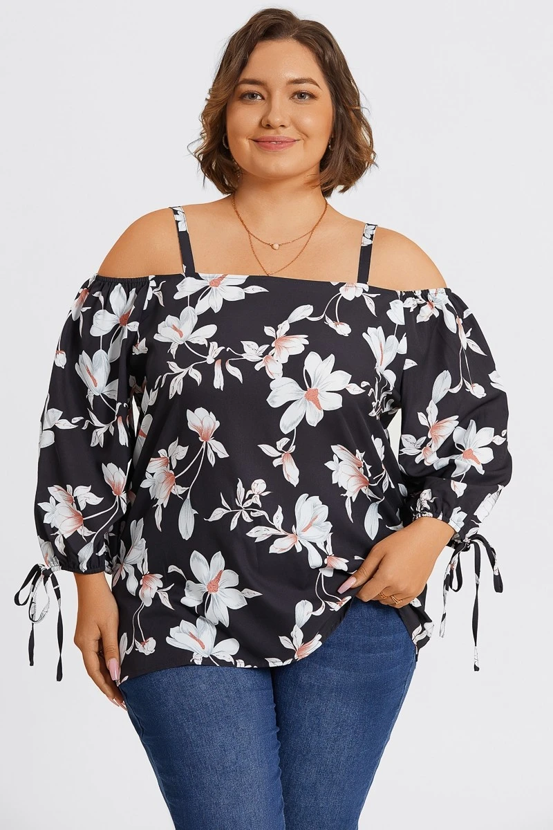 Floral Print Ruffle Knotted Sleeve Cold Shoulder Blouse 5 Floral Print Ruffle Knotted Sleeve Cold Shoulder Blouse - Image 3