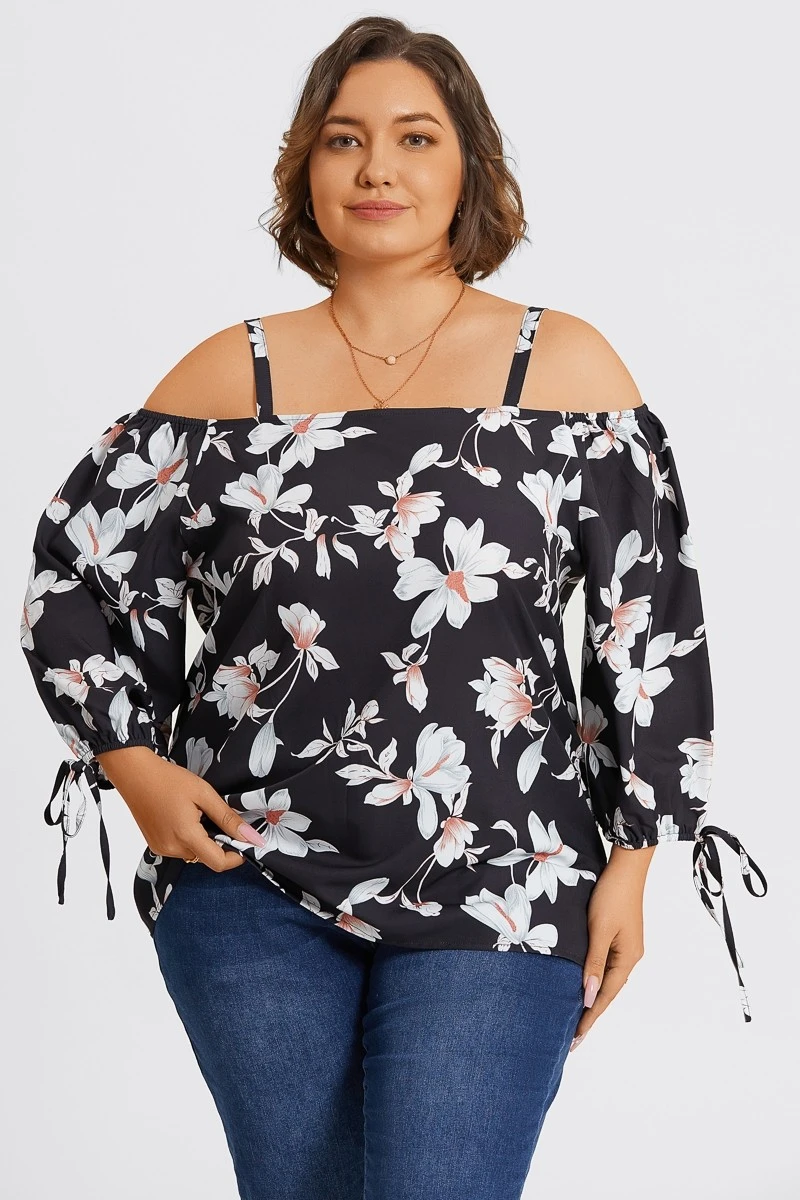 Floral Print Ruffle Knotted Sleeve Cold Shoulder Blouse 8 Floral Print Ruffle Knotted Sleeve Cold Shoulder Blouse - Image 6