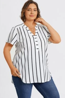 Stripe Crepe De Chine Flutter Short Sleeve Blouse