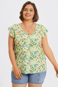 Plus Size Allover Floral Print Butterfly Sleeve Blouse -Maraluxe Swimwear Shop c topbc040001 3