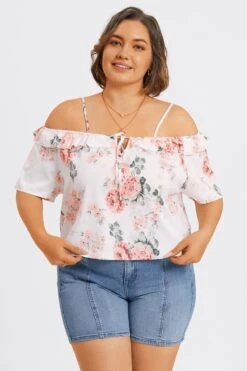 Floral Print Cold Shoulder Ruffle Trim Tie Front Blouse 10 Floral Print Cold Shoulder Ruffle Trim Tie Front Blouse -Maraluxe Swimwear Shop c topbc041001 3