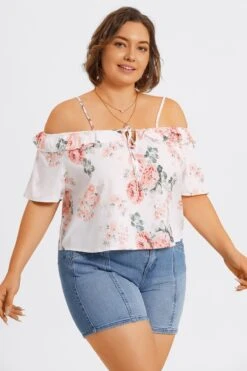 Floral Print Cold Shoulder Ruffle Trim Tie Front Blouse 11 Floral Print Cold Shoulder Ruffle Trim Tie Front Blouse -Maraluxe Swimwear Shop c topbc041001 4