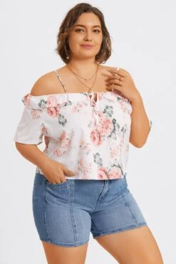 Floral Print Cold Shoulder Ruffle Trim Tie Front Blouse 12 Floral Print Cold Shoulder Ruffle Trim Tie Front Blouse -Maraluxe Swimwear Shop c topbc041001 5