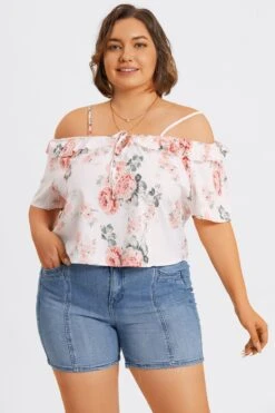 Floral Print Cold Shoulder Ruffle Trim Tie Front Blouse 13 Floral Print Cold Shoulder Ruffle Trim Tie Front Blouse -Maraluxe Swimwear Shop c topbc041001 6