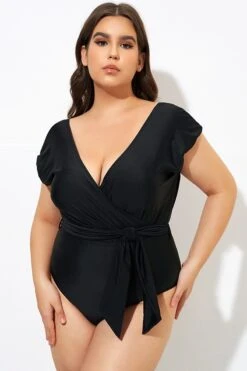 Black Short Sleeve Waist Tie One Piece Swimsuit -Maraluxe Swimwear Shop dsc00015