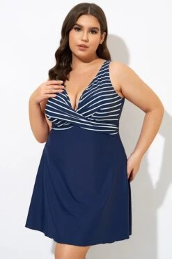Navy And White Stripe Wrap Front Swimdress