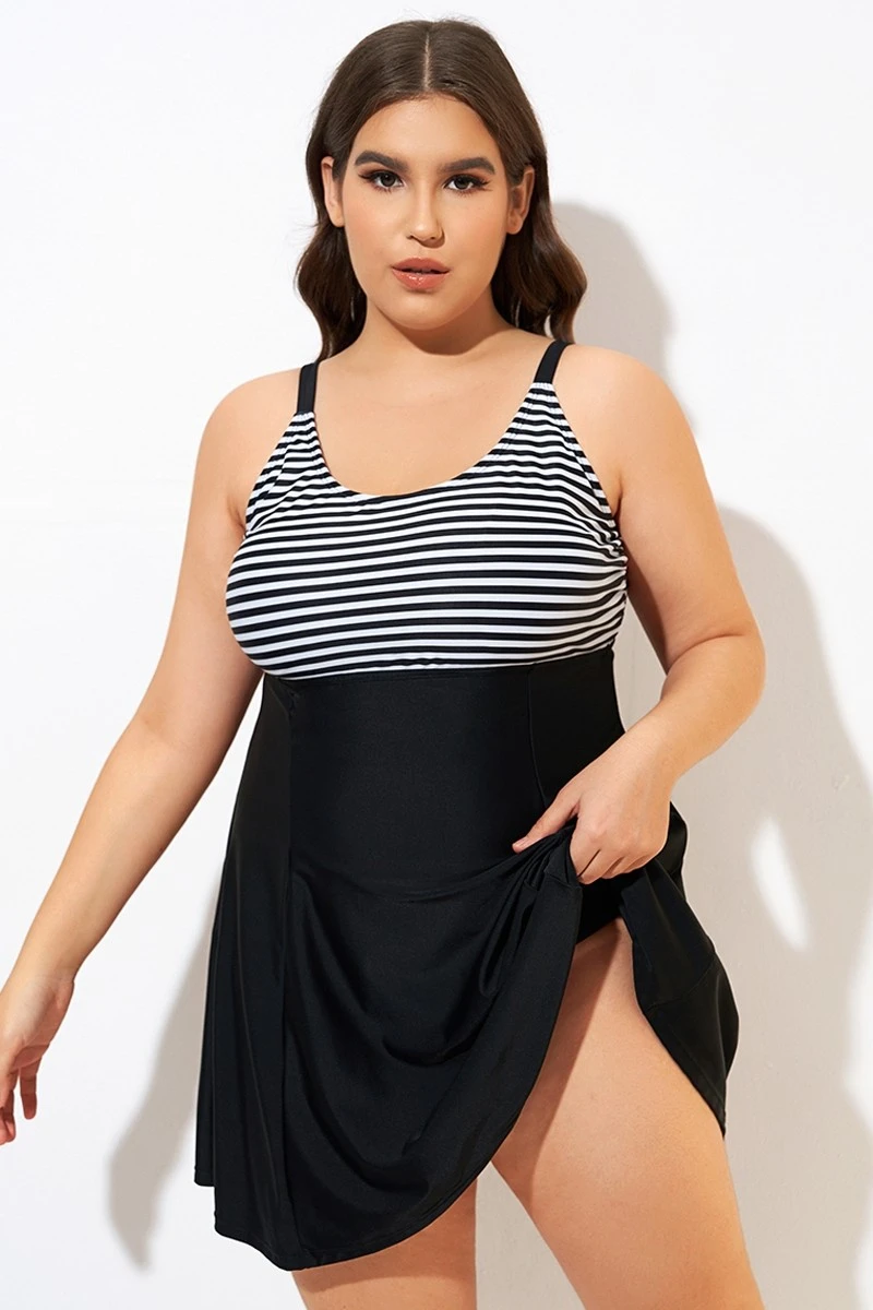 Black & White Stripe Elastic Adjustable Straps Swimdress 7 Black & White Stripe Elastic Adjustable Straps Swimdress - Image 5
